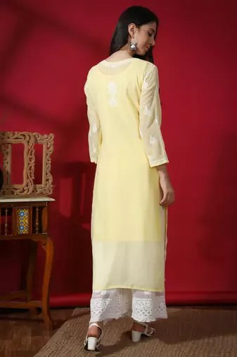 HAND EMBROIDERED LUCKNOWI CHIKANKARI YELLOW GEORGETTE KURTA WITH SLIP