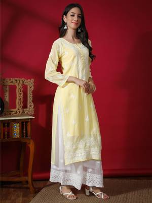 HAND EMBROIDERED LUCKNOWI CHIKANKARI YELLOW GEORGETTE KURTA WITH SLIP 3