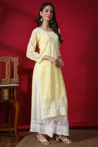 HAND EMBROIDERED LUCKNOWI CHIKANKARI YELLOW GEORGETTE KURTA WITH SLIP