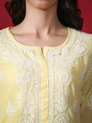 HAND EMBROIDERED LUCKNOWI CHIKANKARI YELLOW GEORGETTE KURTA WITH SLIP 4