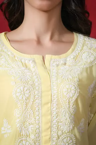 HAND EMBROIDERED LUCKNOWI CHIKANKARI YELLOW GEORGETTE KURTA WITH SLIP