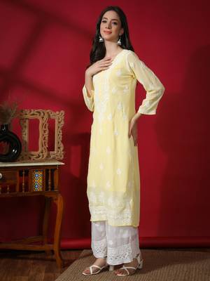 HAND EMBROIDERED LUCKNOWI CHIKANKARI YELLOW GEORGETTE KURTA WITH SLIP 5