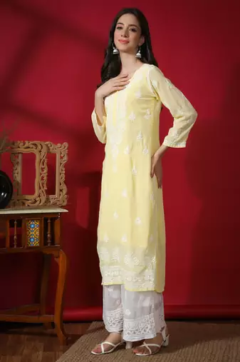 HAND EMBROIDERED LUCKNOWI CHIKANKARI YELLOW GEORGETTE KURTA WITH SLIP