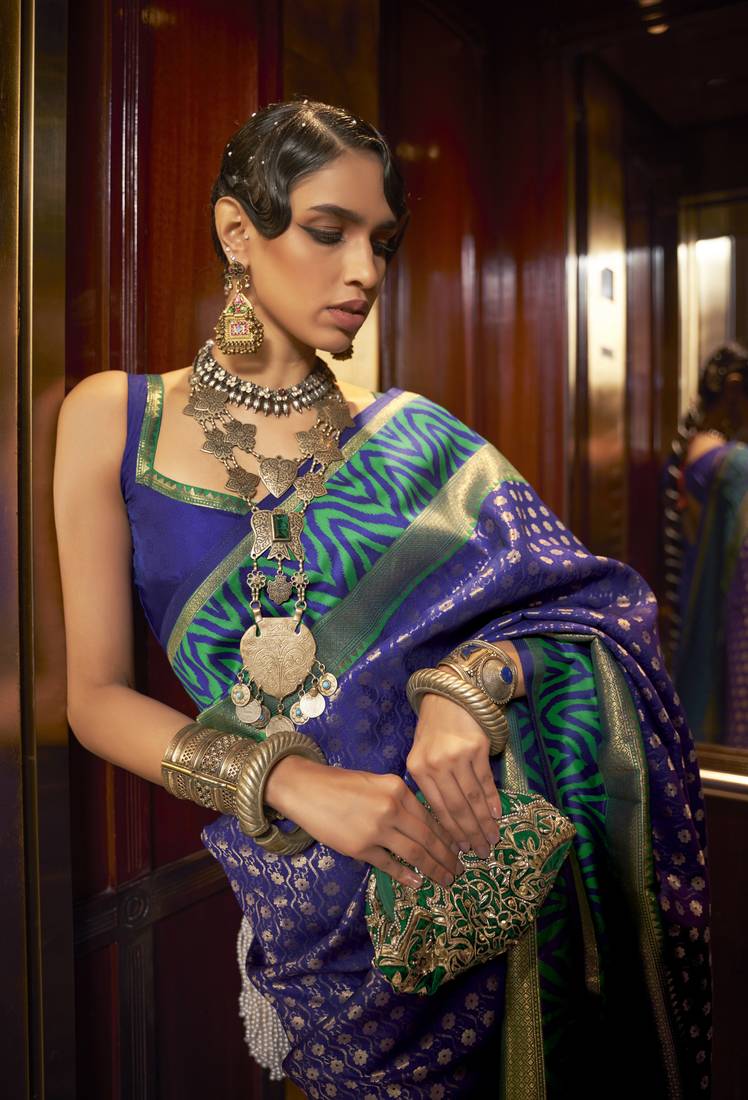 Royal Blue Woven Silk Blend Saree With Blouse