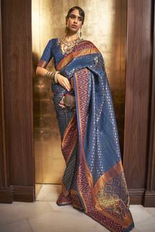 Blue Woven Silk Blend Saree With Blouse