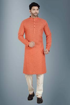 Orange printed cotton silk kurta-pajama 1