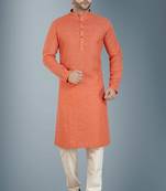 Orange printed cotton silk kurta-pajama