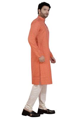 Orange printed cotton silk kurta-pajama 3