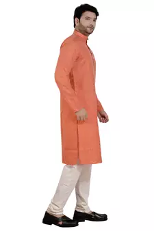 Orange printed cotton silk kurta-pajama