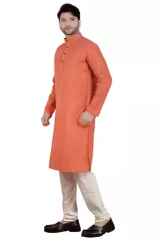 Orange printed cotton silk kurta-pajama