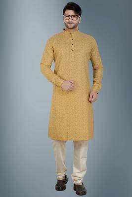 Beige printed cotton silk kurta-pajama 1