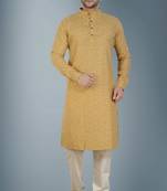 Beige printed cotton silk kurta-pajama