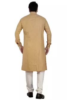 Beige printed cotton silk kurta-pajama