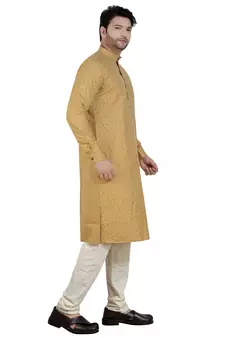 Beige printed cotton silk kurta-pajama