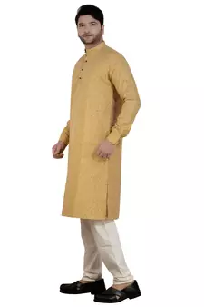 Beige printed cotton silk kurta-pajama