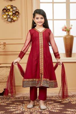 Maroon embroidered net kids salwar suits 1