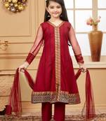 Maroon embroidered net kids salwar suits