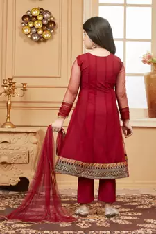 Maroon embroidered net kids salwar suits