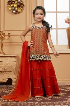 Orange embroidered brocade kids salwar suits