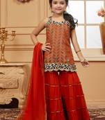 Orange embroidered brocade kids salwar suits