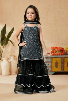 Black embroidered art silk kids salwar suits 1