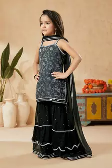 Black embroidered art silk kids salwar suits