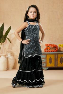 Black embroidered art silk kids salwar suits 3
