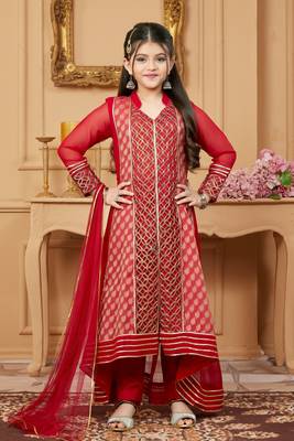 Red embroidered faux georgette kids salwar suits 1