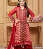 Red embroidered faux georgette kids salwar suits