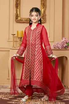 Red embroidered faux georgette kids salwar suits
