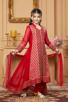 Red embroidered faux georgette kids salwar suits