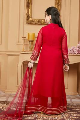 Red embroidered faux georgette kids salwar suits 4