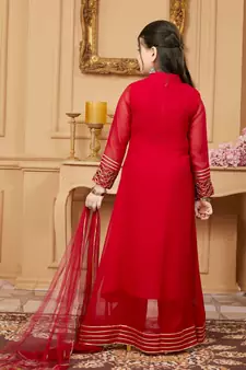 Red embroidered faux georgette kids salwar suits