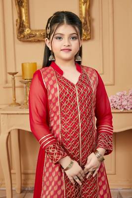 Red embroidered faux georgette kids salwar suits 5