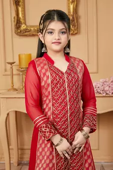 Red embroidered faux georgette kids salwar suits