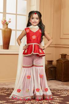 Red embroidered art silk kids salwar suits