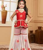 Red embroidered art silk kids salwar suits