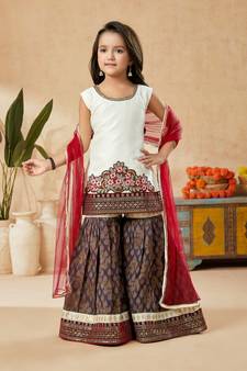 White embroidered art silk kids salwar suits