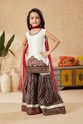 White embroidered art silk kids salwar suits 2