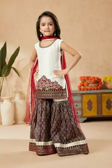 White embroidered art silk kids salwar suits