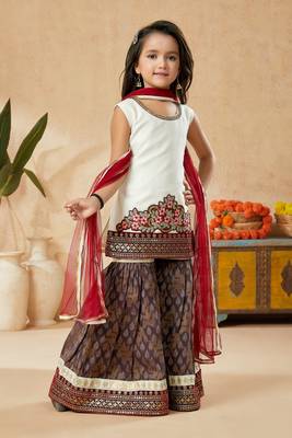 White embroidered art silk kids salwar suits 3