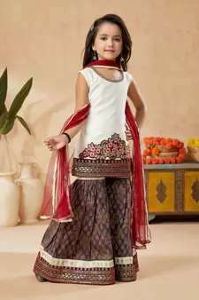 White embroidered art silk kids salwar suits
