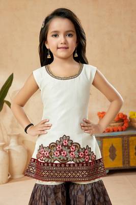 White embroidered art silk kids salwar suits 5