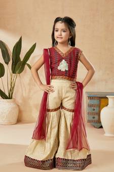 Maroon embroidered banarasi silk kids salwar suits
