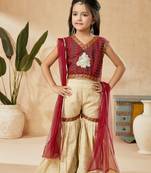 Maroon embroidered banarasi silk kids salwar suits