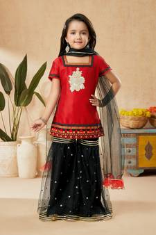 Red embroidered art silk kids salwar suits