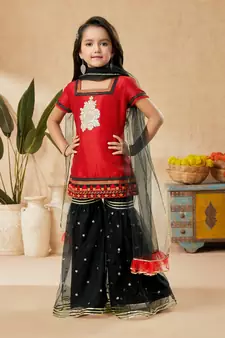 Red embroidered art silk kids salwar suits