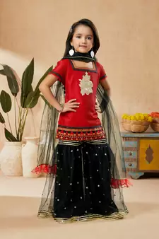 Red embroidered art silk kids salwar suits
