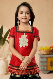 Red embroidered art silk kids salwar suits