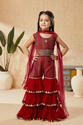 Maroon embroidered banarasi silk kids salwar suits 1